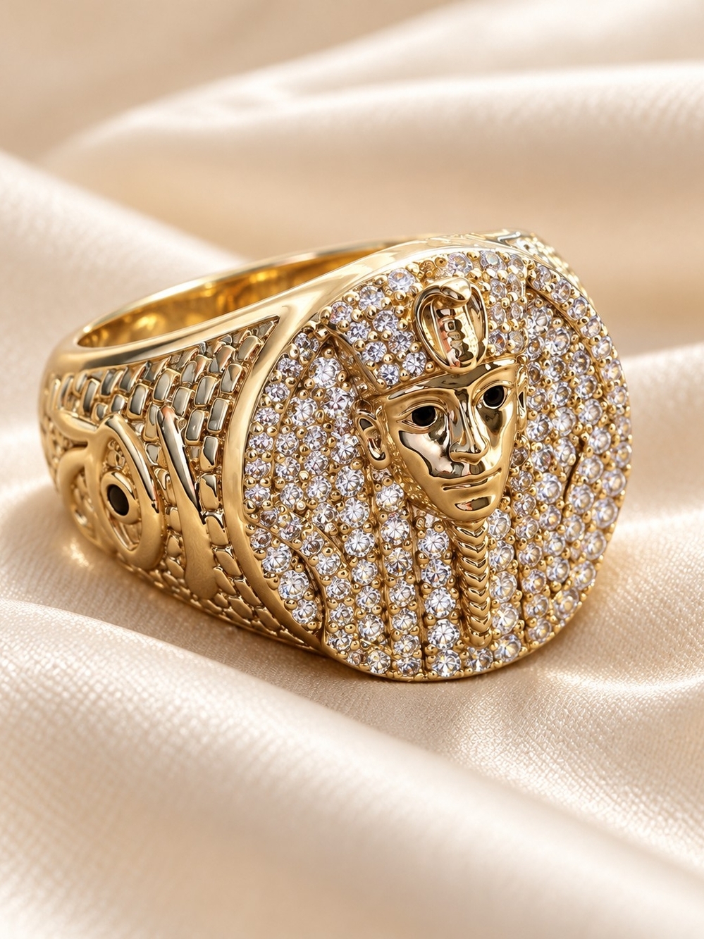 14k. Gold Laninated Egyptian Pharaoh Signet Ring with Pavé Crystals
